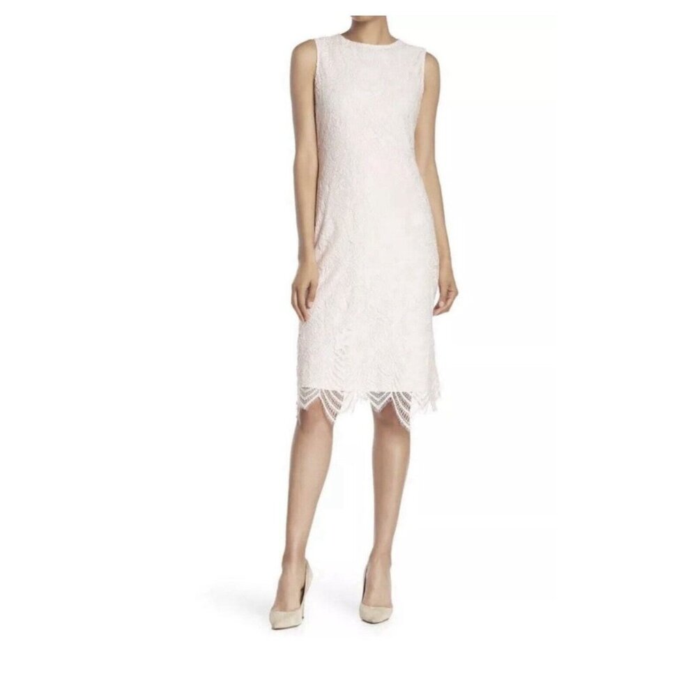 Sharagano Lace Sheath Dress Women 8‎ Pink Sleeveless Modest Lined Scalloped Hem